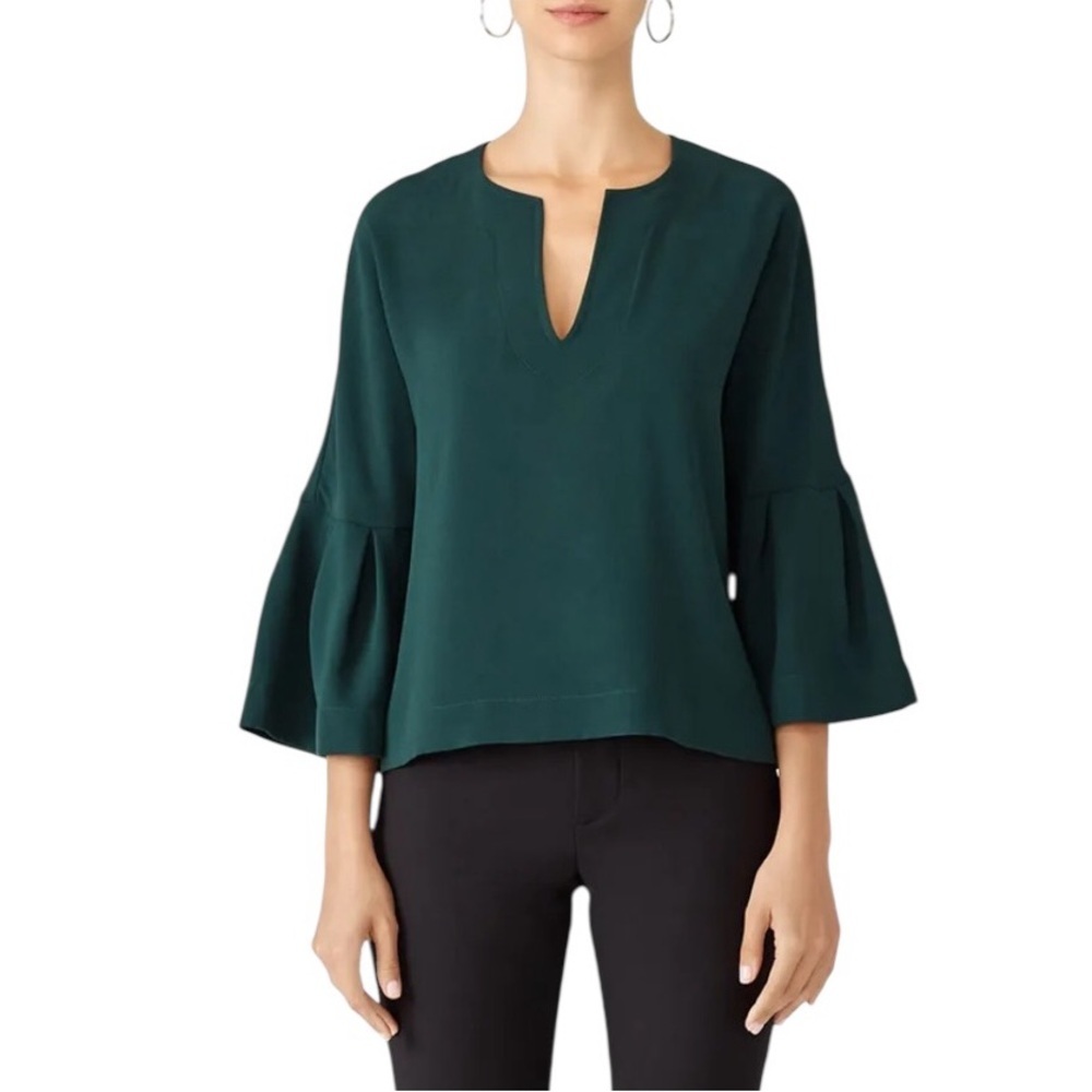Trina Turk September 2 Bells Sleeve Hunter Green V- neck Crepe Blouse Size L
